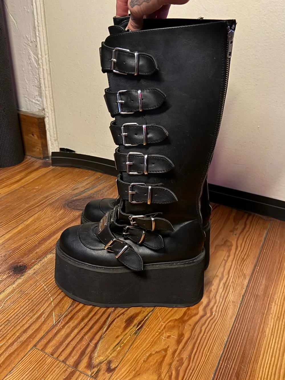 Demonia Damned 318 Black Platform Buckle Combat Boots